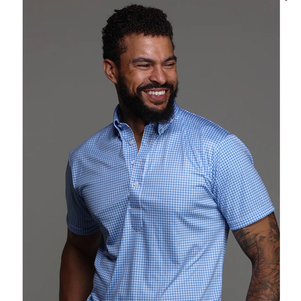 Collars & Co Men Size Medium Dress Collar Polo Blue Gingham Performance NWT